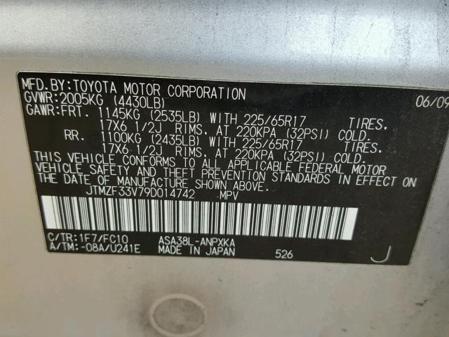 JTMZF33V79D014742 - 2009 TOYOTA RAV4 SILVER photo 10