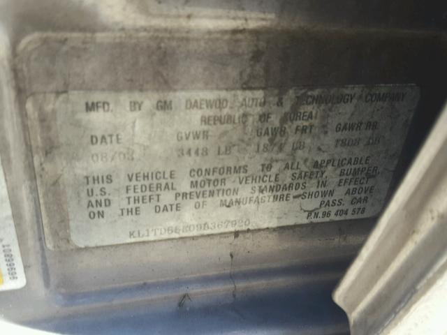 KL1TD66E09B367920 - 2009 CHEVROLET AVEO LS GRAY photo 10