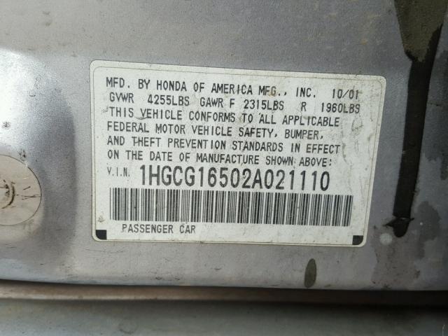 1HGCG16502A021110 - 2002 HONDA ACCORD EX SILVER photo 10