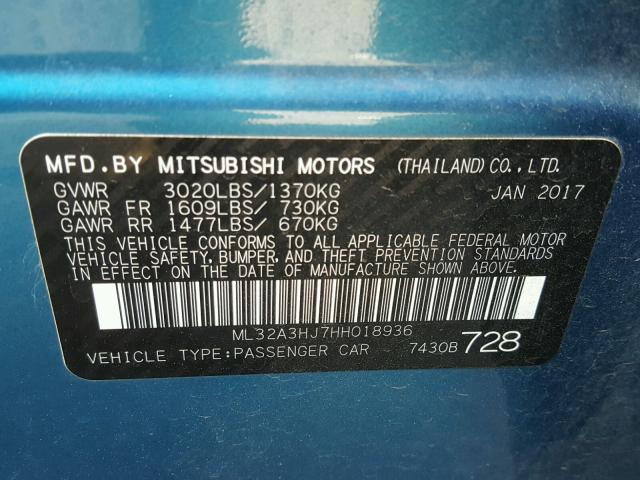 ML32A3HJ7HH018936 - 2017 MITSUBISHI MIRAGE ES BLUE photo 10