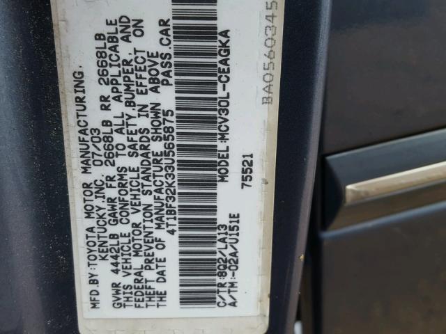 4T1BF32K33U565875 - 2003 TOYOTA CAMRY LE BLUE photo 10