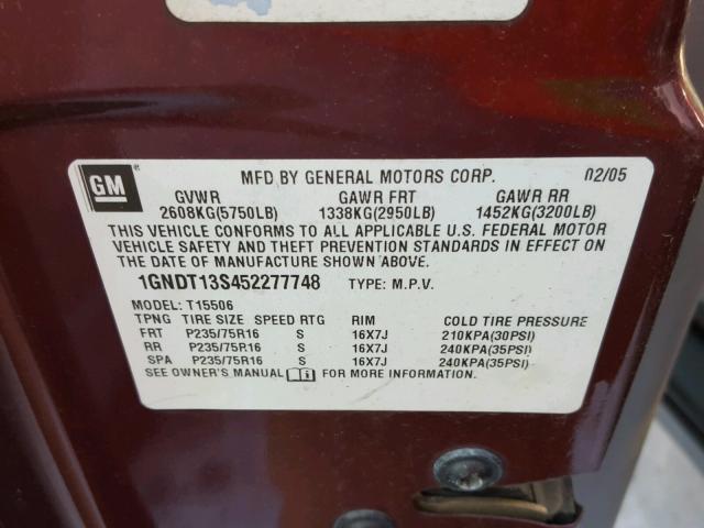 1GNDT13S452277748 - 2005 CHEVROLET TRAILBLAZE MAROON photo 10