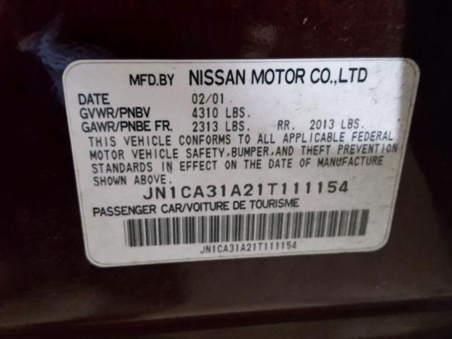 JN1CA31A21T111154 - 2001 NISSAN MAXIMA GXE BURGUNDY photo 10