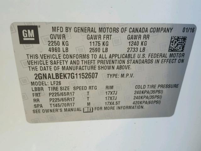 2GNALBEK7G1152607 - 2016 CHEVROLET EQUINOX LS WHITE photo 10