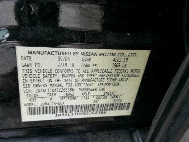 1N4AL11D46C268386 - 2006 NISSAN ALTIMA S BLACK photo 10