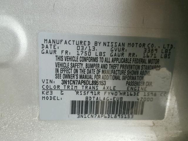 3N1CN7AP6DL895153 - 2013 NISSAN VERSA S GRAY photo 10