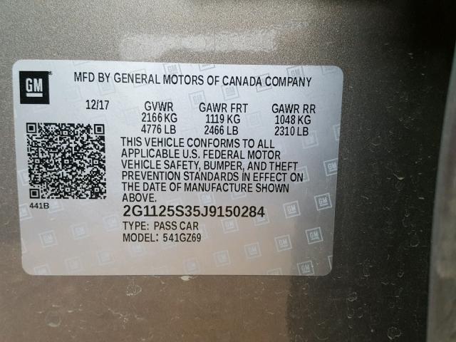 2G1125S35J9150284 - 2018 CHEVROLET IMPALA PRE ნაცრისფერი ფოტო 10