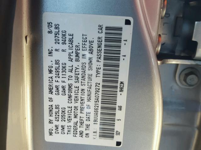 19UUA66215A079272 - 2005 ACURA TL SILVER photo 10