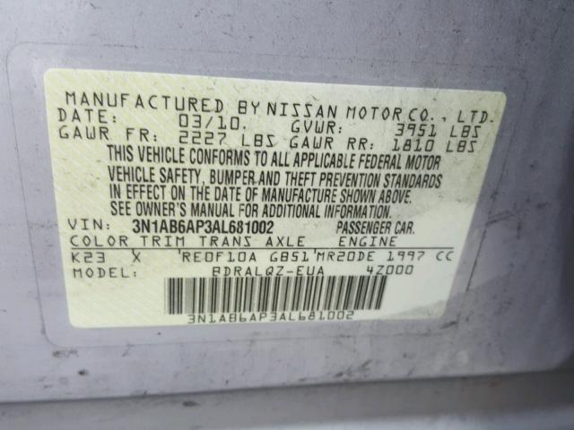 3N1AB6AP3AL681002 - 2010 NISSAN SENTRA 2.0 SILVER photo 10