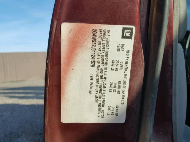 2G4WS52J011241579 - 2001 BUICK CENTURY CU BURGUNDY photo 10