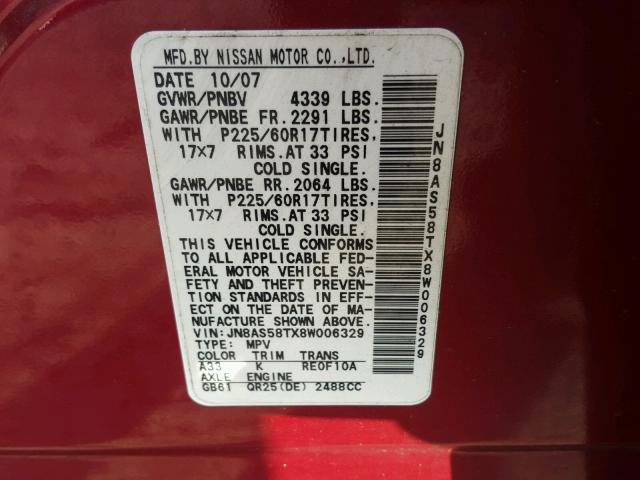JN8AS58TX8W006329 - 2008 NISSAN ROGUE S RED photo 10