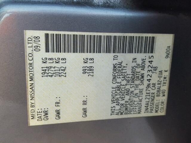 1N4AL21E79N423245 - 2009 NISSAN ALTIMA 2.5 GRAY photo 10