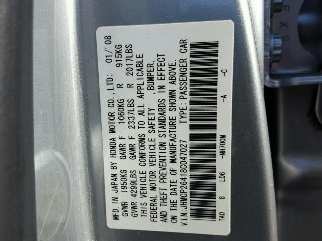 JHMCP26418C047027 - 2008 HONDA ACCORD LXP SILVER photo 10