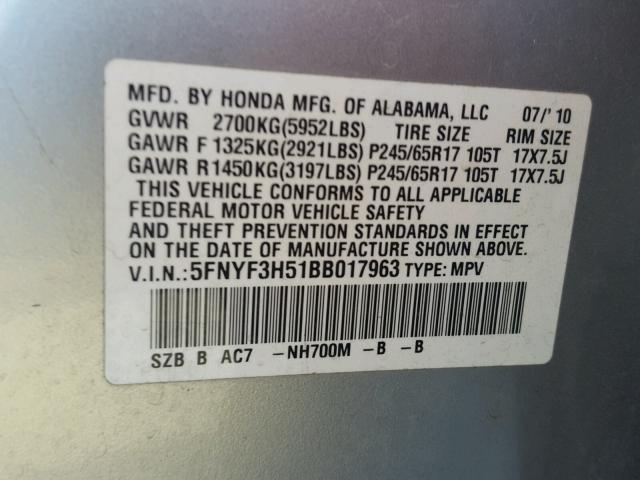 5FNYF3H51BB017963 - 2011 HONDA PILOT EXL SILVER photo 10