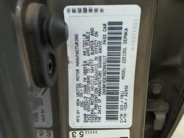 1NXBR30E38Z993117 - 2008 TOYOTA COROLLA CE GRAY photo 10