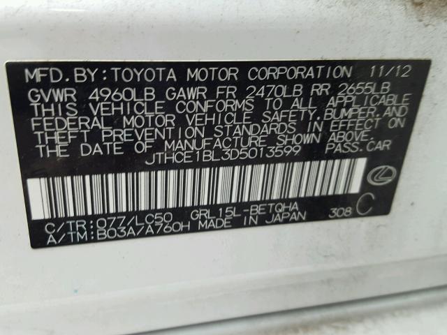 JTHCE1BL3D5013599 - 2013 LEXUS GS 350 WHITE photo 10