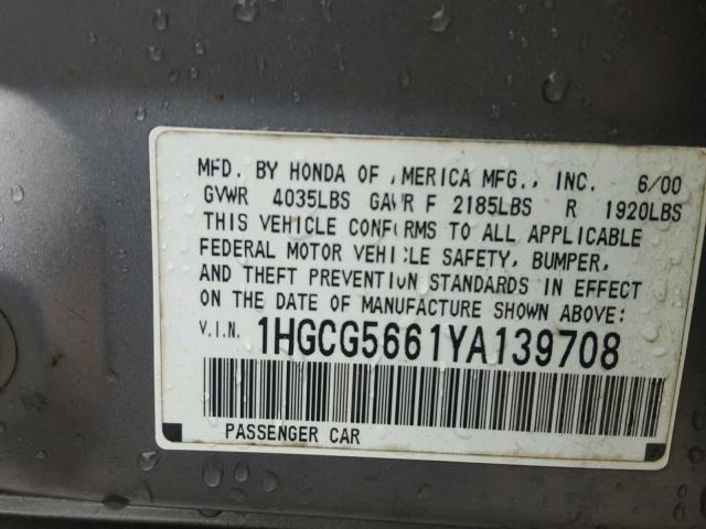 1HGCG5661YA139708 - 2000 HONDA ACCORD EX GRAY photo 10