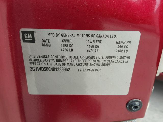 2G1WD58C481339962 - 2008 CHEVROLET IMPALA SUP 红色 照片 10