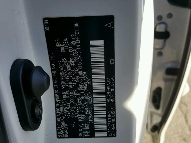 5TDBA22C55S029393 - 2005 TOYOTA SIENNA XLE WHITE photo 10