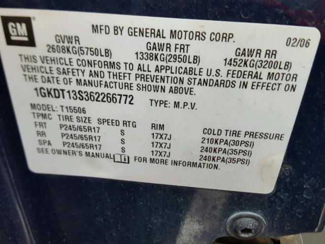 1GKDT13S362266772 - 2006 GMC ENVOY BLUE photo 10