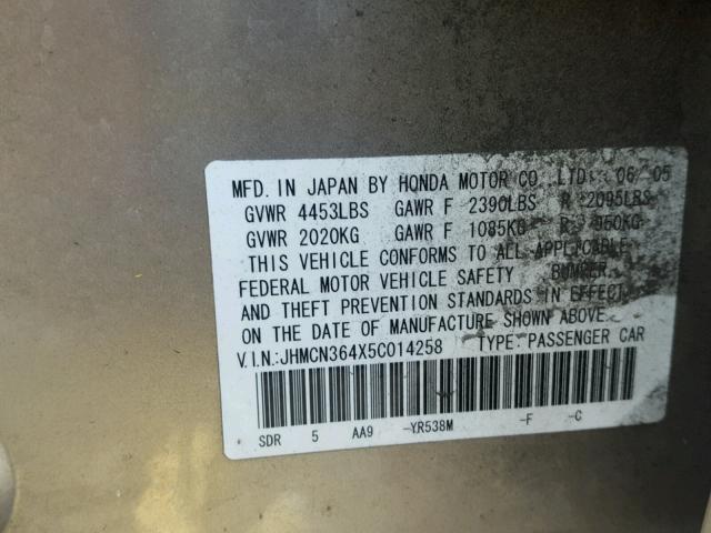 JHMCN364X5C014258 - 2005 HONDA ACCORD HYB GOLD photo 10