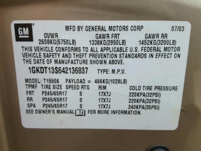 1GKDT13S642136837 - 2004 GMC ENVOY GOLD photo 10