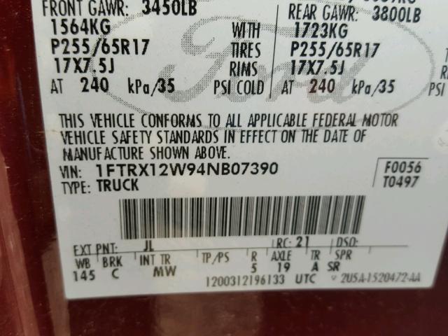 1FTRX12W94NB07390 - 2004 FORD F150 MAROON photo 10