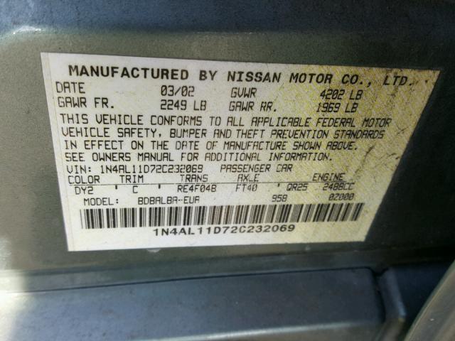 1N4AL11D72C232069 - 2002 NISSAN ALTIMA BAS GREEN photo 10