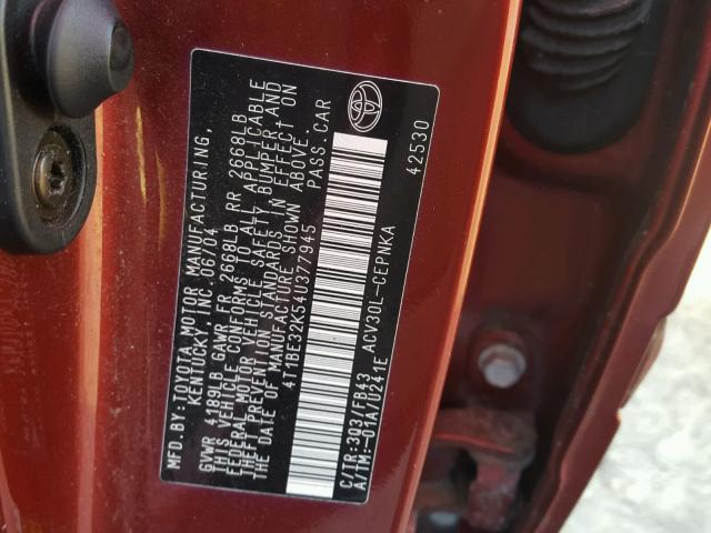 4T1BE32K54U377945 - 2004 TOYOTA CAMRY LE RED photo 10