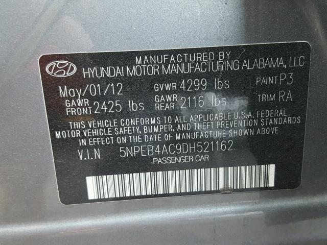 5NPEB4AC9DH521162 - 2013 HYUNDAI SONATA GLS GRAY photo 10