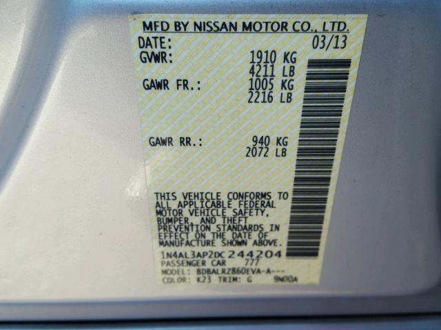 1N4AL3AP2DC244204 - 2013 NISSAN ALTIMA 2.5 SILVER photo 10