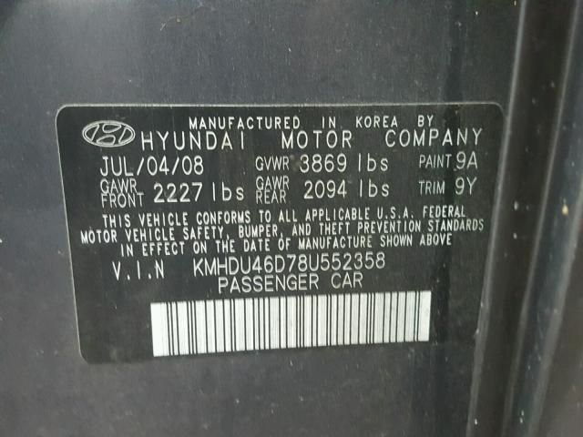 KMHDU46D78U552358 - 2008 HYUNDAI ELANTRA GL GRAY photo 10