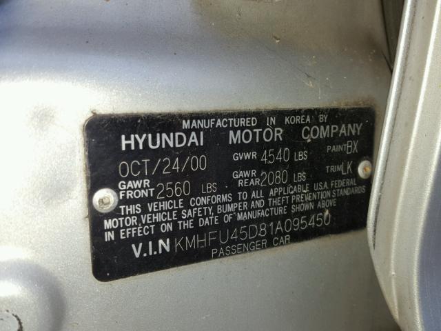 KMHFU45D81A095450 - 2001 HYUNDAI XG 300 SILVER photo 10