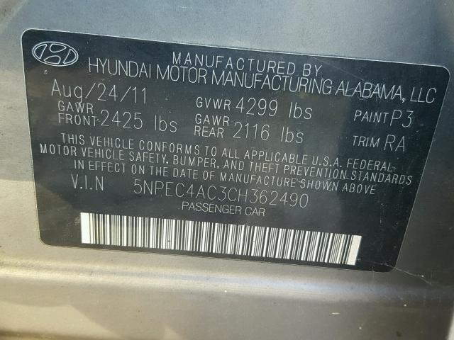 5NPEC4AC3CH362490 - 2012 HYUNDAI SONATA SE GRAY photo 10