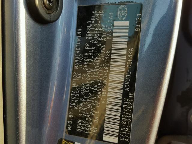 4T1BE32K34U821128 - 2004 TOYOTA CAMRY LE ლურჯი ფოტო 10