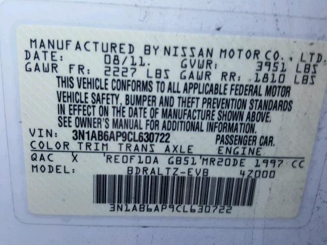 3N1AB6AP9CL630722 - 2012 NISSAN SENTRA 2.0 WHITE photo 10