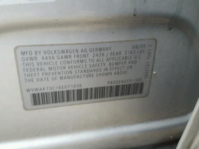 WVWAK73C16E071636 - 2006 VOLKSWAGEN PASSAT 2.0 SILVER photo 10