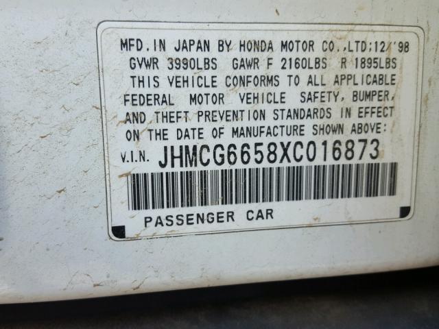 JHMCG6658XC016873 - 1999 HONDA ACCORD LX WHITE photo 10