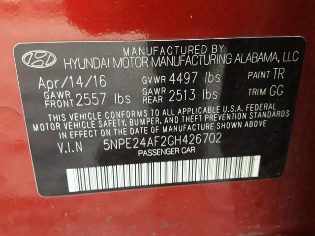 5NPE24AF2GH426702 - 2016 HYUNDAI SONATA SE RED photo 10