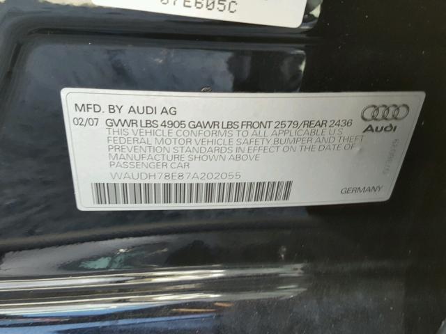 WAUDH78E87A202055 - 2007 AUDI A4 3.2 QUA BLACK photo 10