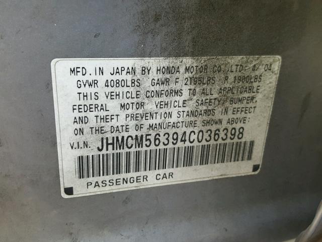 JHMCM56394C036398 - 2004 HONDA ACCORD LX GRAY photo 10