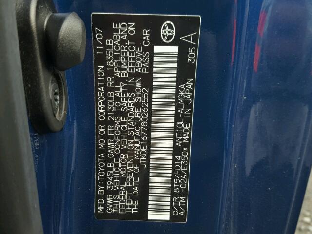 JTKDE167780262552 - 2008 TOYOTA SCION TC ლურჯი ფოტო 10