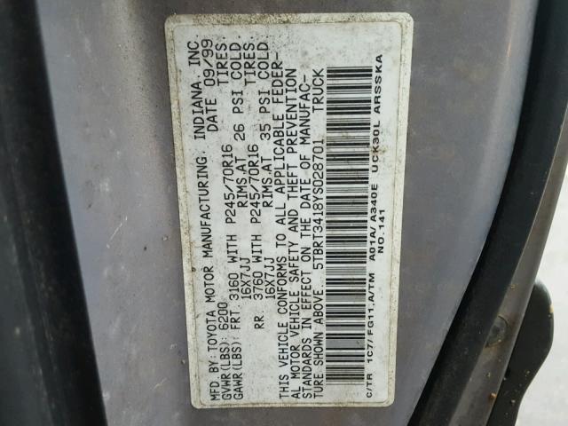 5TBRT3418YS028701 - 2000 TOYOTA TUNDRA ACC GRAY photo 10