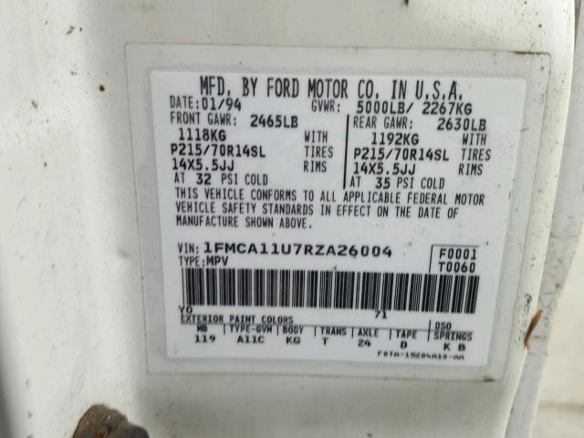 1FMCA11U7RZA26004 - 1994 FORD AEROSTAR WHITE photo 10