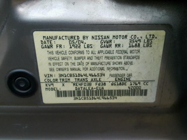 3N1CB51D64L466534 - 2004 NISSAN SENTRA 1.8 TAN photo 10