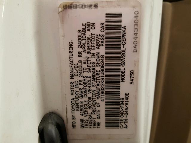 4T1BG22K81U806348 - 2001 TOYOTA CAMRY CE WHITE photo 10