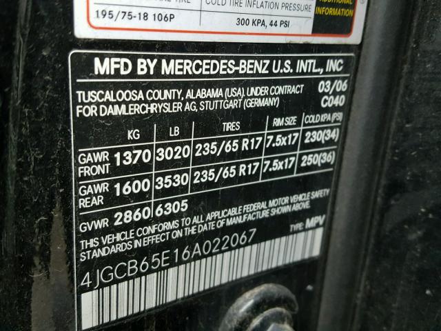 4JGCB65E16A022067 - 2006 MERCEDES-BENZ R 350 BLACK photo 10