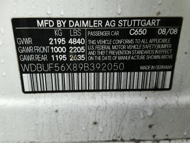 WDBUF56X89B392050 - 2009 MERCEDES-BENZ E 350 WHITE photo 10