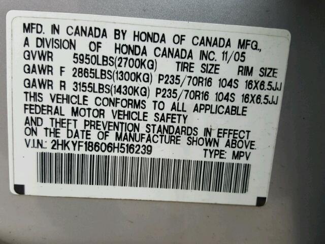 2HKYF18606H516239 - 2006 HONDA PILOT EX SILVER photo 10