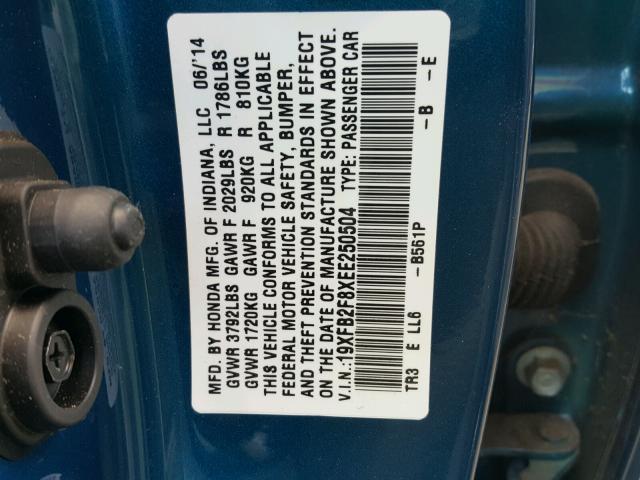 19XFB2F8XEE250504 - 2014 HONDA CIVIC EX BLUE photo 10